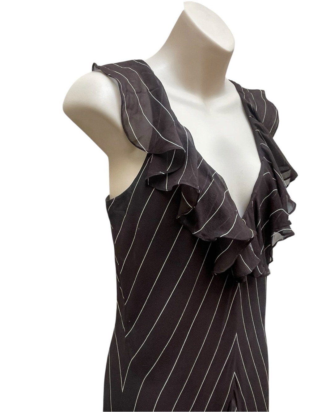 Lauren Ralph Lauren 100% Silk Ruffle Dress Brown Pinstripe Sleeveless Size 6 - Picture 3 of 9